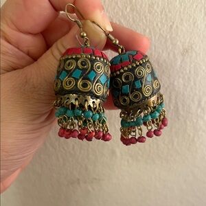Bohemian Turquoise & Red Jhumka Earrings - Unbranded